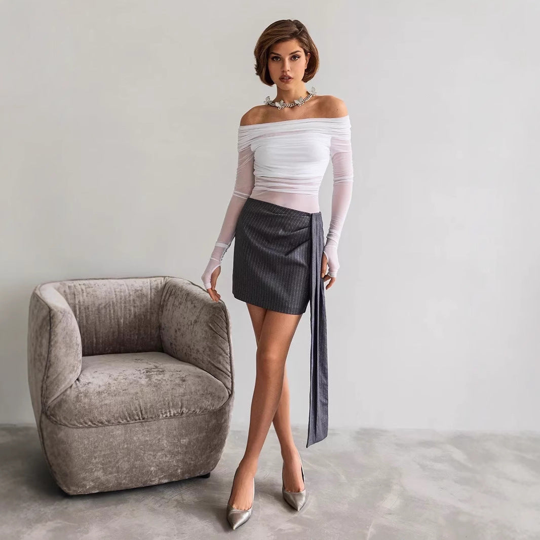 Damen Offshoulder Langarm-Top aus transparentem Netzmaterial Echo Archiv