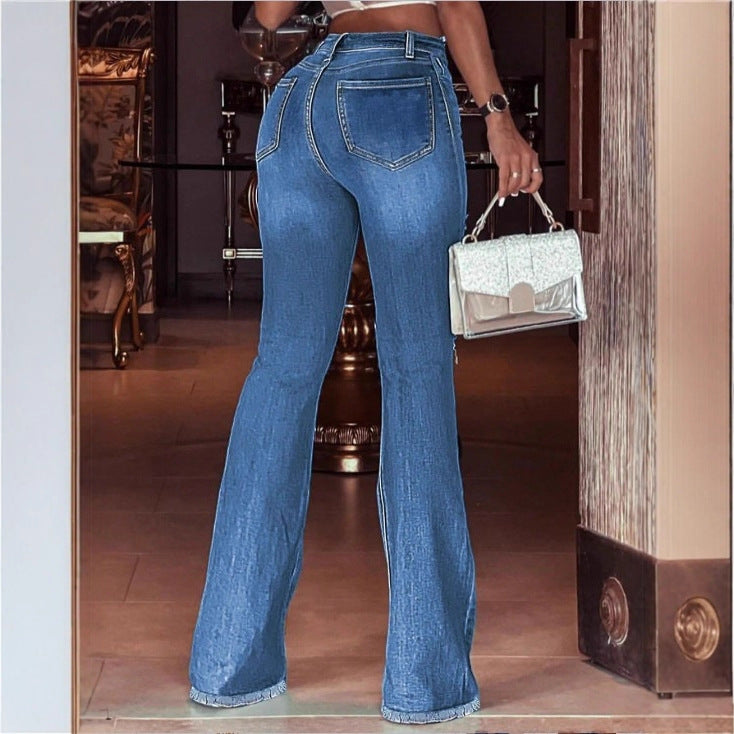 Damen hochgeschnittene Schlaghose aus Stretch-Denim mit ausgestelltem Bein, Knie-Rips und ausgefranstem Saum Echo Archiv