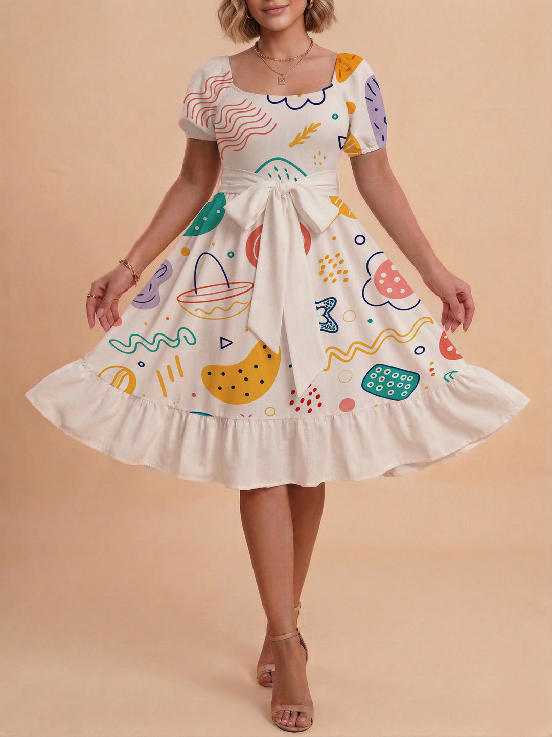 Damen Sommerkleid mit floralem Puffärmel und taillierbarem Gürtel Echo Archiv