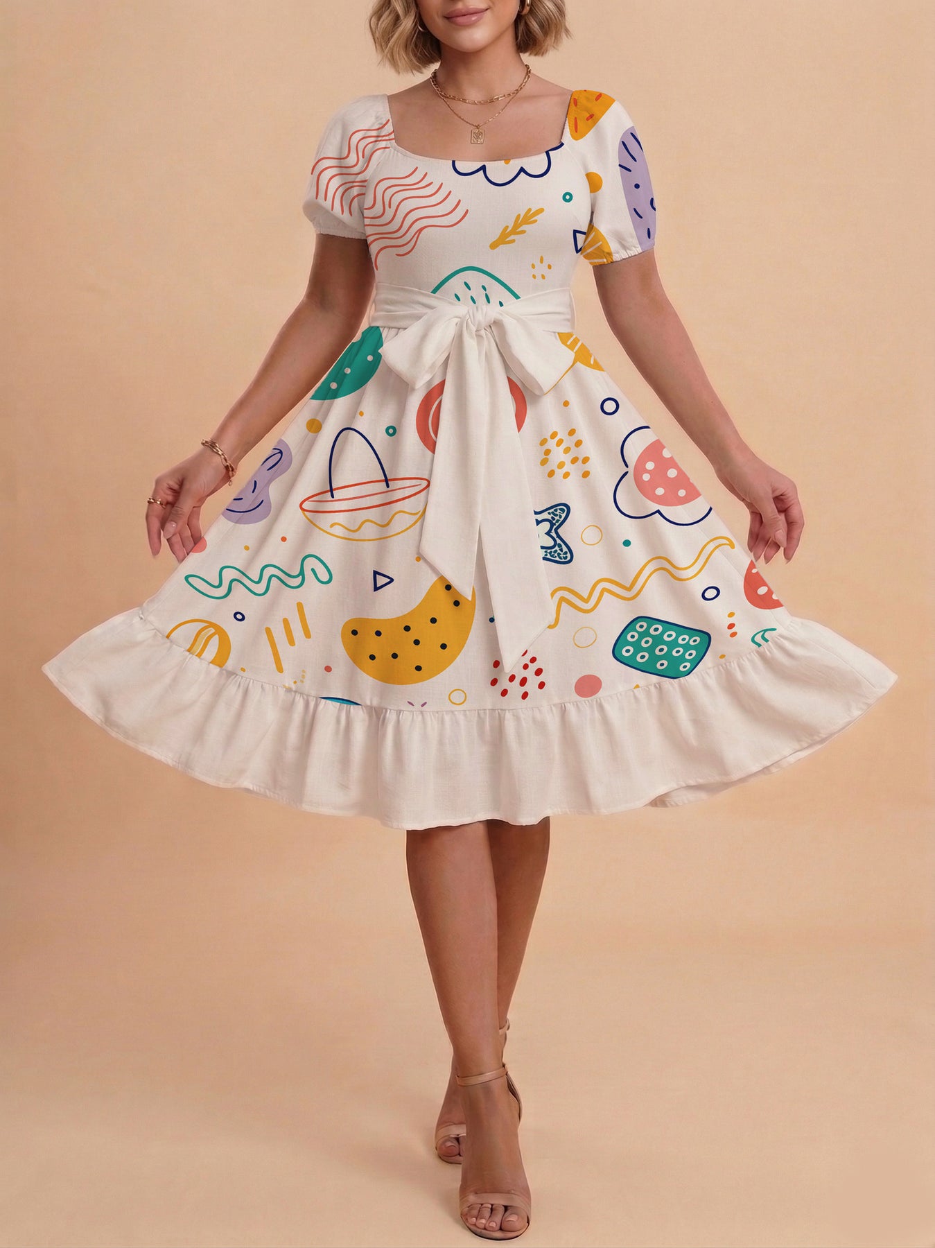 Damen Sommerkleid mit floralem Puffärmel und taillierbarem Gürtel Echo Archiv