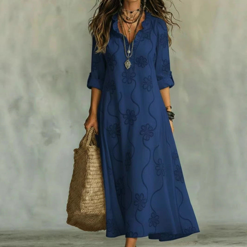 Damen Langes Boho-Maxikleid mit Blumenstickerei und V‑Ausschnitt Echoarchiv
