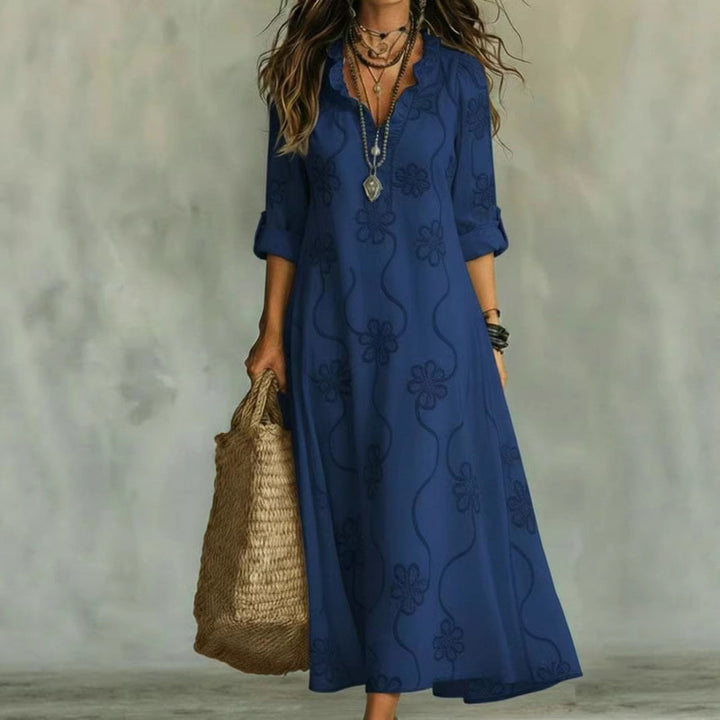 Damen Langes Boho-Maxikleid mit Blumenstickerei und V‑Ausschnitt Echoarchiv