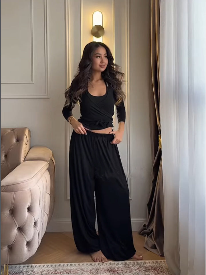 Damen Loungewear-Set mit Wickel-Cropped-Top und weiter Palazzo-Hose Echoarchiv