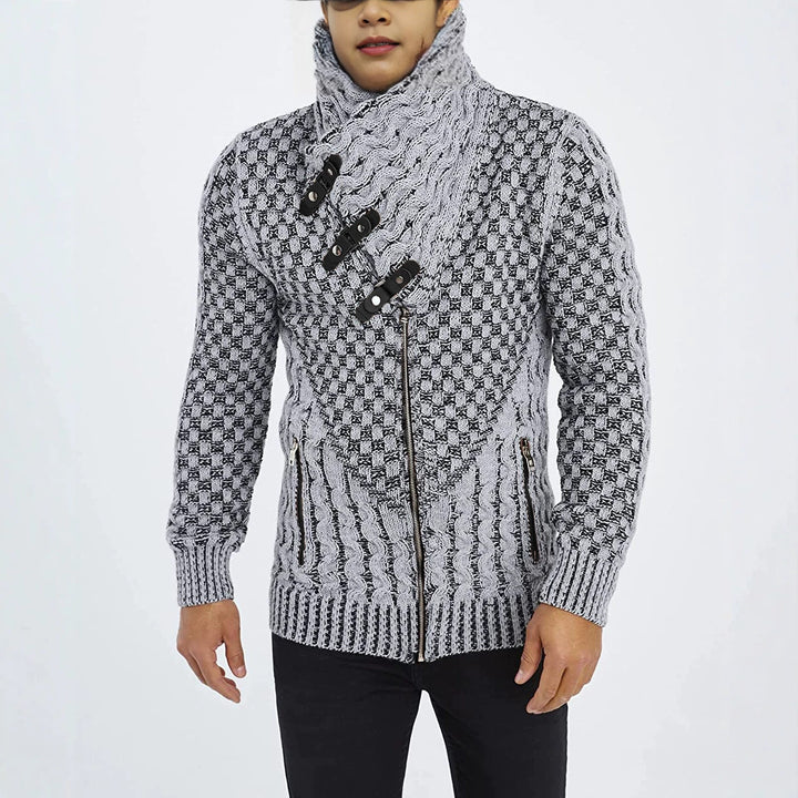 Herren Grobstrick-Cardigan mit asymmetrischem Wickelkragen und Reißverschluss Echo Archiv