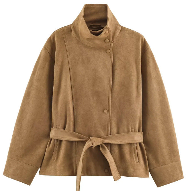 Damen Veloursleder-Optikjacke mit hohem Stehkragen und Taillengürtel Echo Archiv