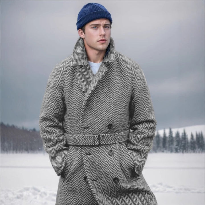 Herren eleganter Wollmantel mit Fischgrätmuster Echoarchiv