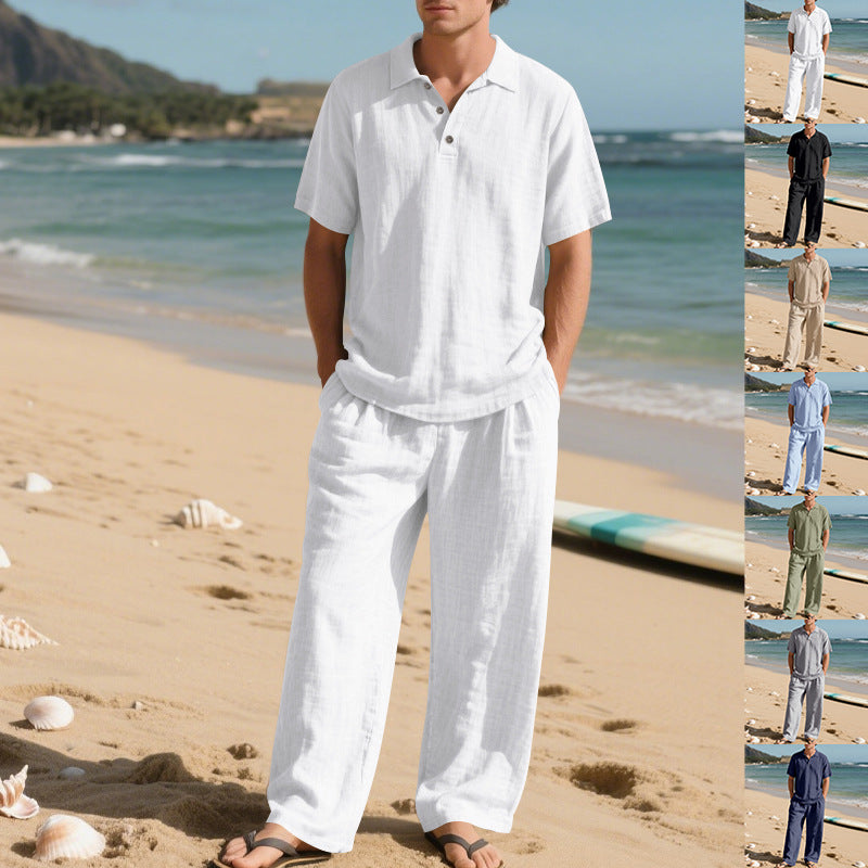 Herren nan luftiges Leinen-Ensemble mit Polokragen und regulierbarer Bundhose Echo Archiv