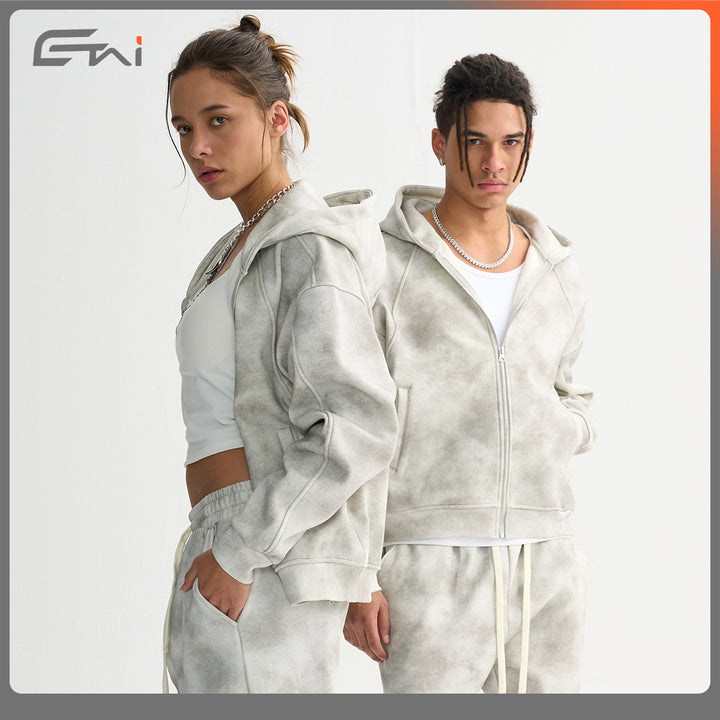 Unisex Boxy-Reißverschluss-Hoodie mit Nebel-Waschung und Raglanärmeln Echo Archiv