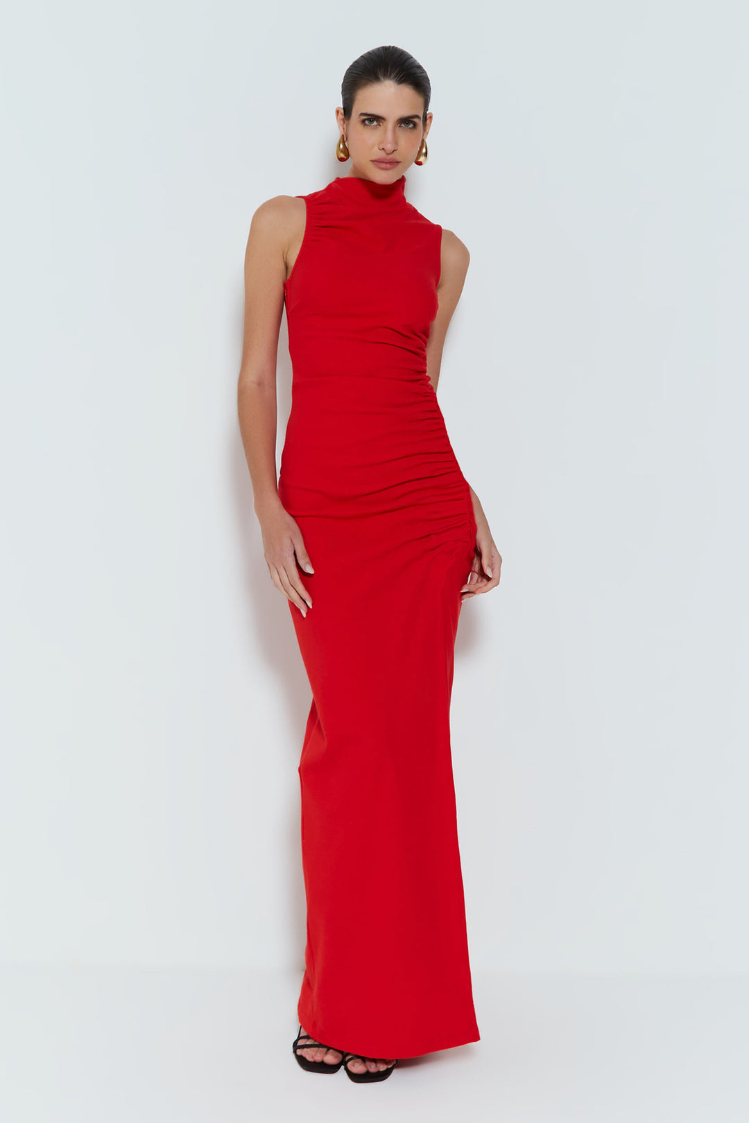 Damen Figurbetontes Maxikleid mit Stehkragen und geschmeidigem Rüschen-Design Echo Archiv