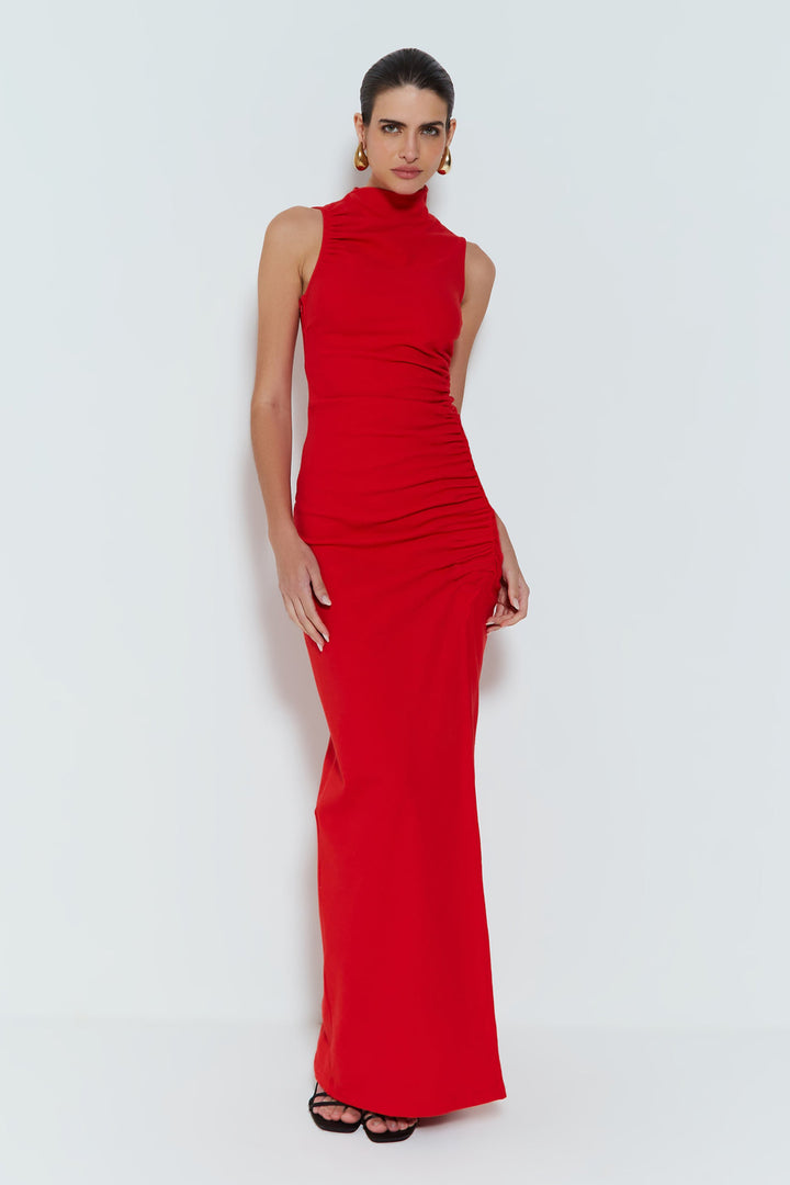 Damen Figurbetontes Maxikleid mit Stehkragen und geschmeidigem Rüschen-Design Echo Archiv