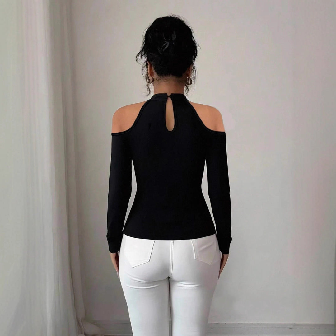Damen nan schulterfreies Langarm-Top mit Chokerkragen, floralen Spitzenapplikationen und tailliertem Schößchen Echo Archiv