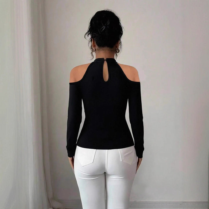 Damen nan schulterfreies Langarm-Top mit Chokerkragen, floralen Spitzenapplikationen und tailliertem Schößchen Echo Archiv