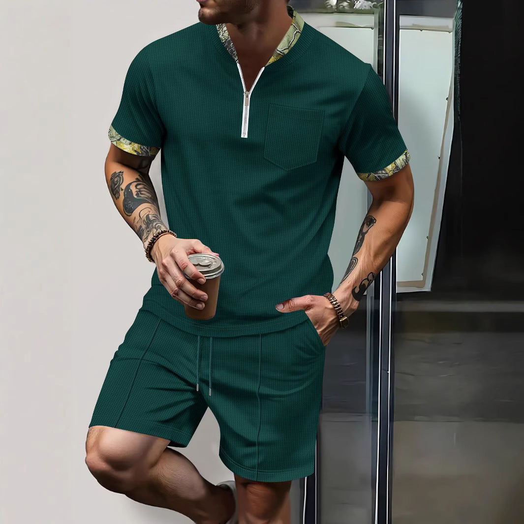 Herren modisches Kurzarm-Set mit stylischem Reißverschluss und kontrastierenden Ärmeln Echoarchiv