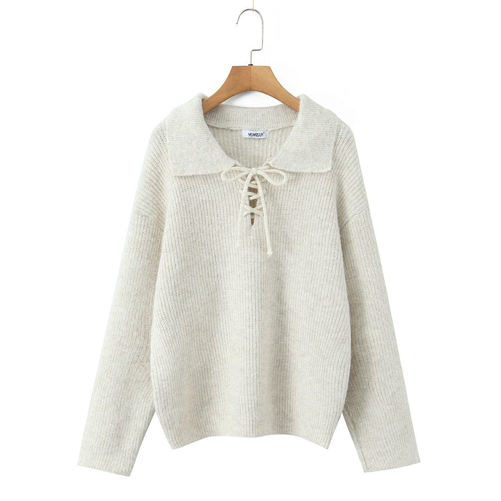 Damen Kuscheliger Strickpullover mit breitem Polokragen und Kordelbindung Echoarchiv