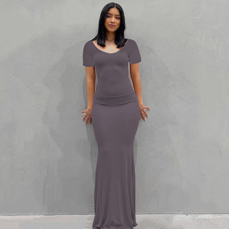Damen Körperbetontes Maxi‑Jerseykleid mit taillierter Drapierung, langen Ärmeln und ausgestelltem Saum – Valéora