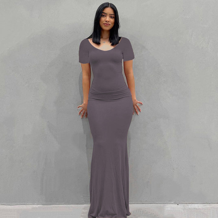 Damen Körperbetontes Maxi‑Jerseykleid mit taillierter Drapierung, langen Ärmeln und ausgestelltem Saum – Valéora