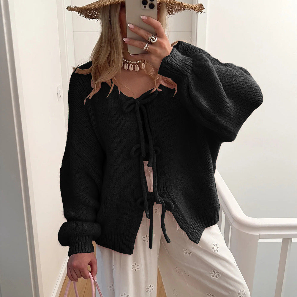 Damen Grobgestrickter Offener Cardigan mit Bindebändern, Oversize‑Silhouette und Raglanärmeln – Veloura