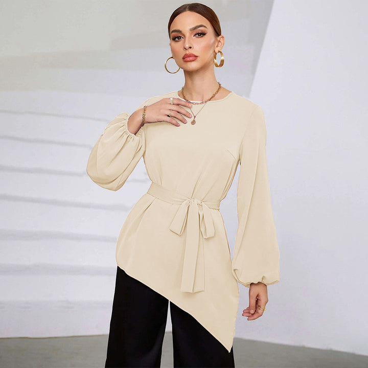 Damen asymmetrische Tunika-Bluse mit Ballonärmeln und Taillengürtel – Élovi