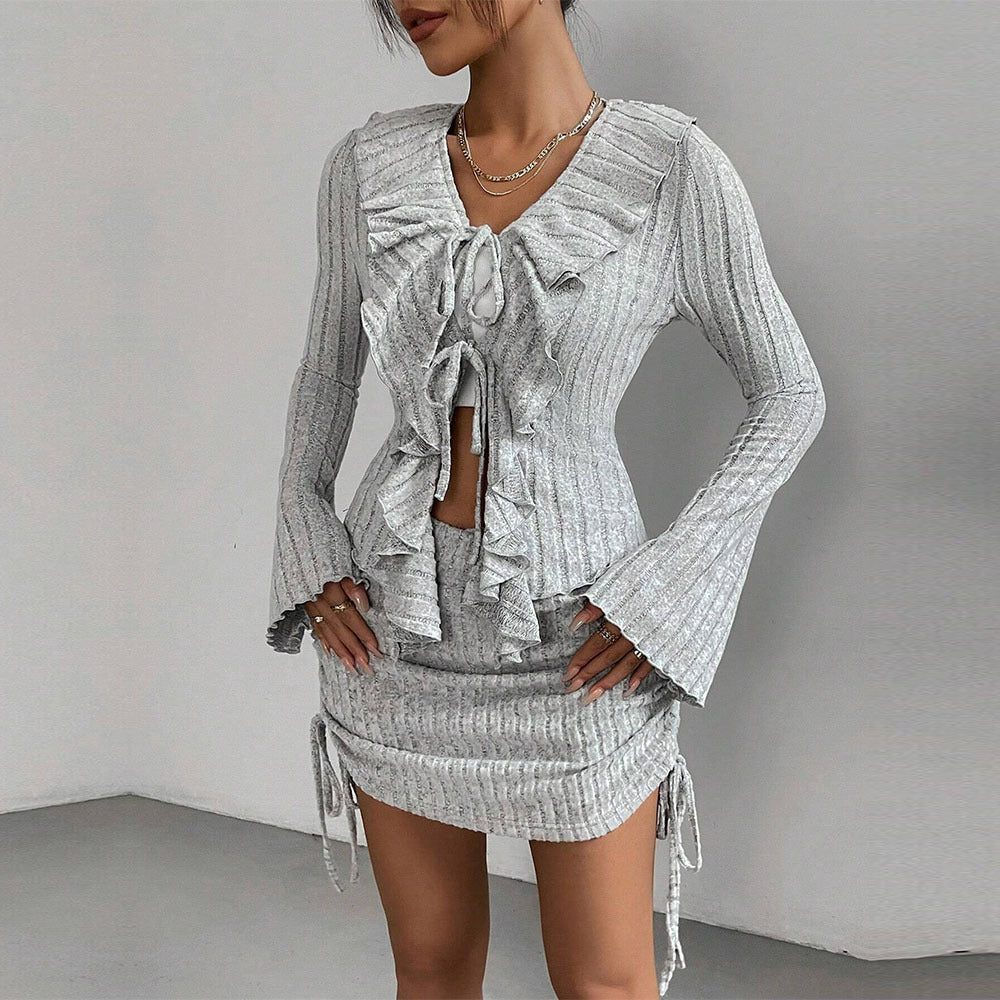 Damen gerippter Rüschencardigan mit Bindebändern und gerafftem Minirock-Set – Élanora