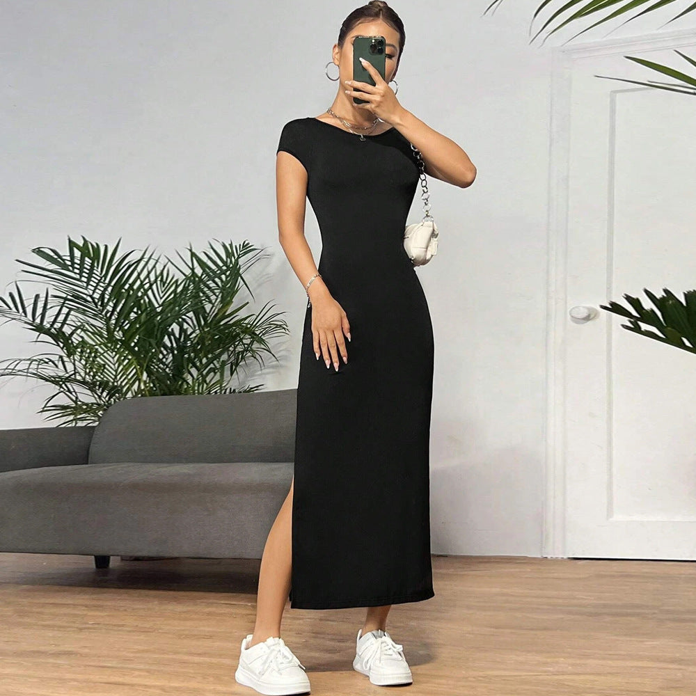Damen figurbetontes Maxikleid mit seitlichem Schlitz und modernen Kurzärmeln Echo Archiv