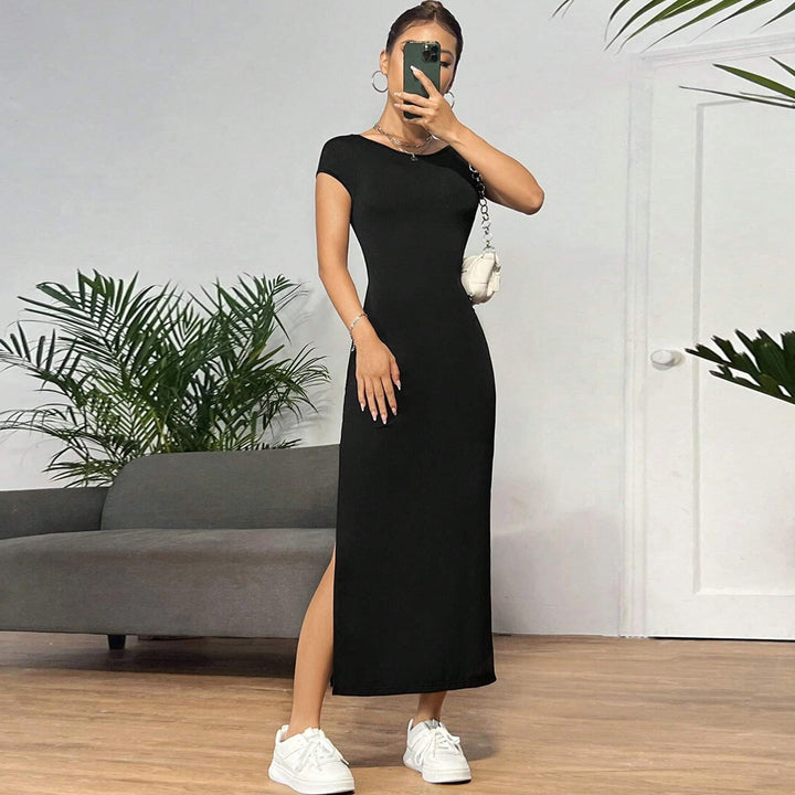Damen figurbetontes Maxikleid mit seitlichem Schlitz und modernen Kurzärmeln Echo Archiv
