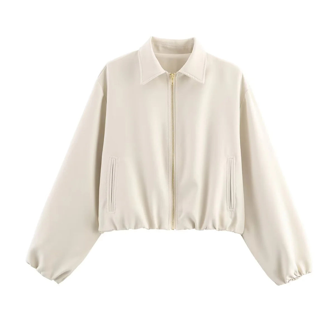 Damen cropped Blousonjacke mit Reißverschluss, Hemdkragen, Eingrifftaschen und elastischem Saum – Célinea