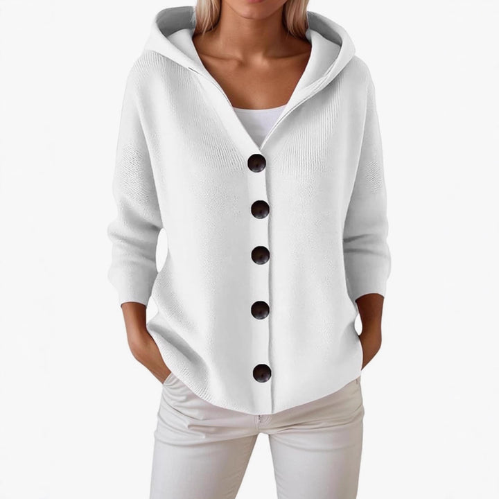 Damen Kapuzen-Strickjacke mit großen Holzknöpfen und seitlichen Eingrifftaschen – Veloura