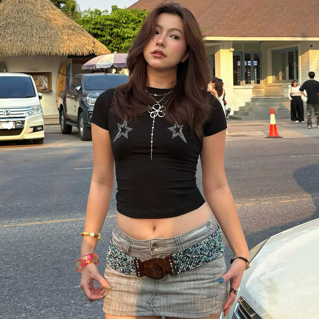 Damen Crop-Top mit glamourösen Sternenapplikationen Echo Archiv