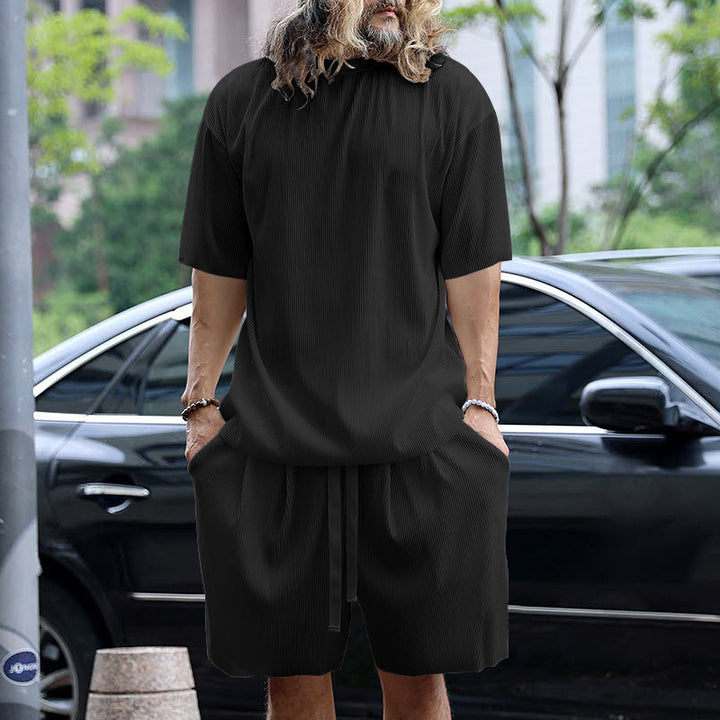 Herren nan modernes geripptes Freizeitset mit weitem Kurzarmshirt und elastischer Tunnelzughose Echo Archiv