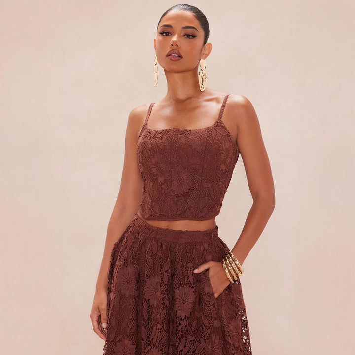 Damen Spitzen-Midi-Kleid mit zartem Blumenmuster und schwingendem Rock Echo Archiv