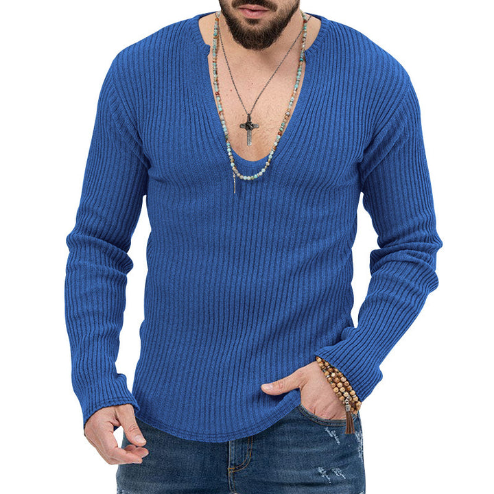 Herren Langarm-Ripp-Pullover mit V-Ausschnitt und lässigem Schnitt Echoarchiv