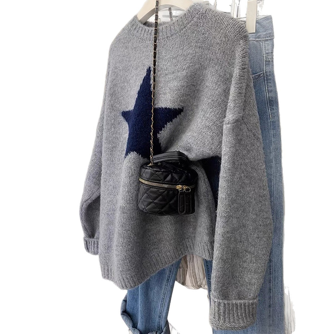 Damen oversized Strickpullover mit markantem Sternmotiv, Rundhalsausschnitt und gerippten Bündchen – Mavelle
