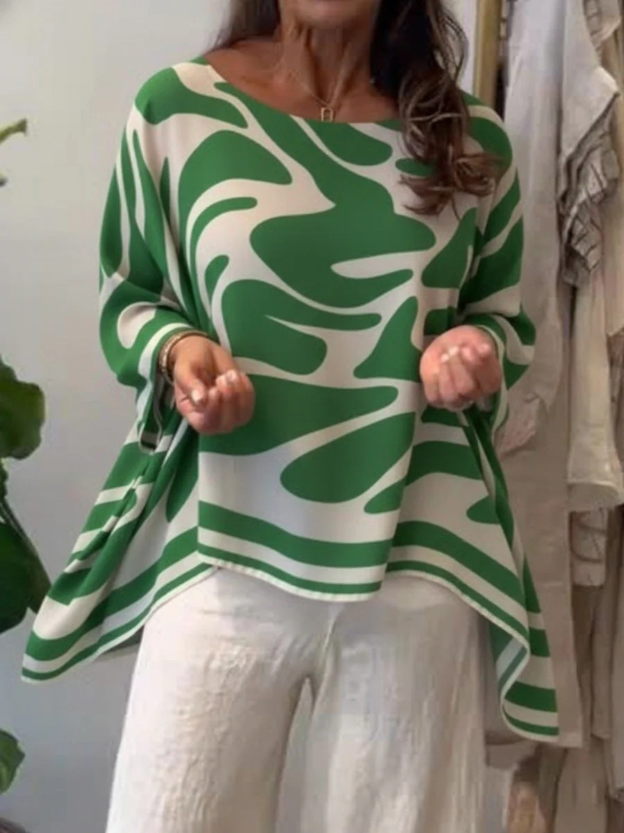 Damen Oversize Sommerbluse mit abstraktem Print, Fledermausärmeln und asymmetrischem Saum – Élovi