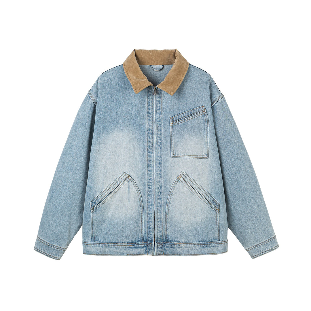 Damen Oversize-Denimjacke mit Velourslederkragen, verdecktem Reißverschluss und markanten Einstecktaschen Echoarchiv