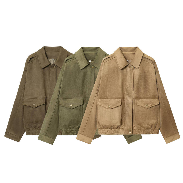 Damen 20+ Cropped Wildlederoptik‑Blousonjacke mit aufgesetzten Pattentaschen und elastischem Bund Echo Archiv