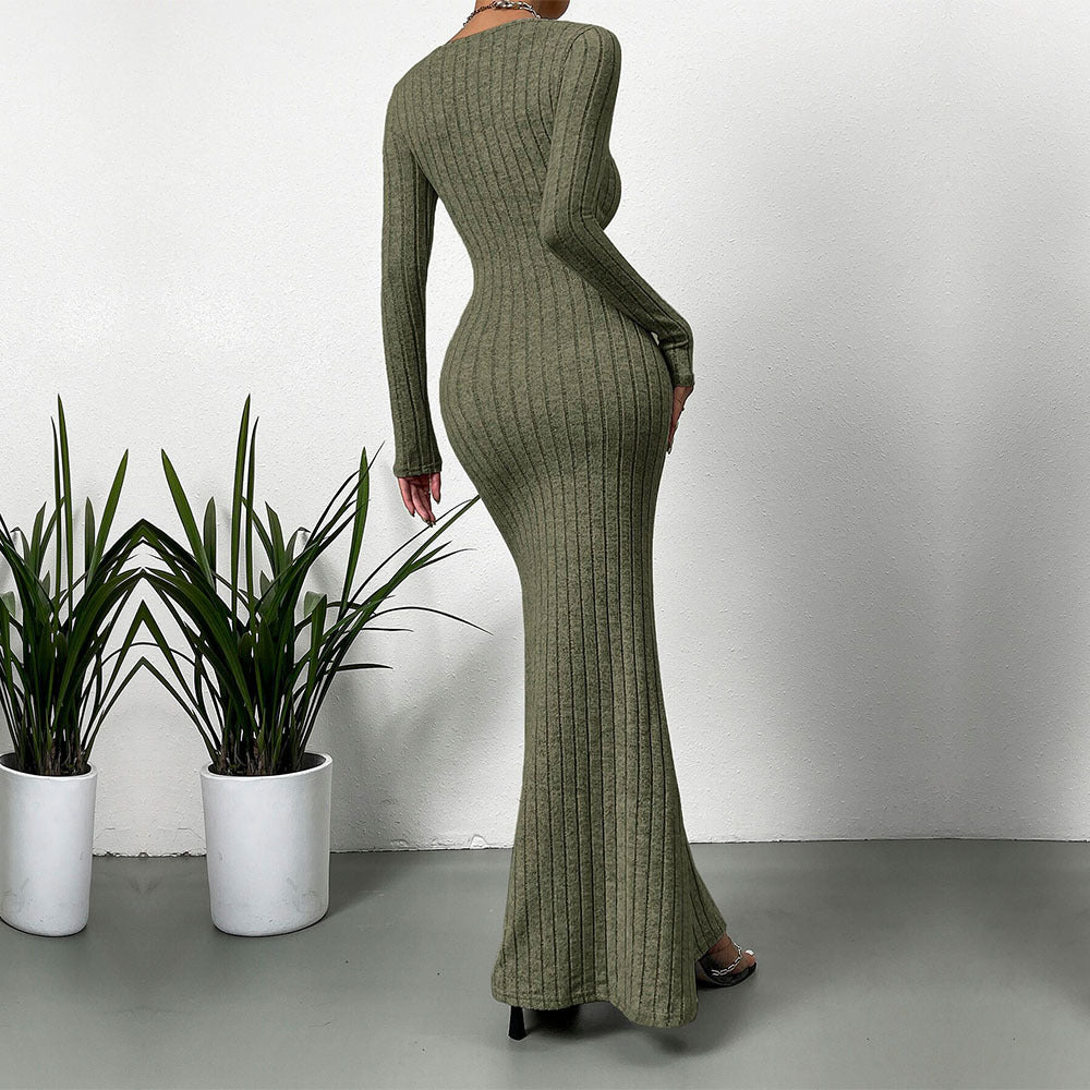 Damen geripptes Sculpting-Maxikleid mit Quadratausschnitt und taillierter Meerjungfrauen‑Silhouette – Valéora