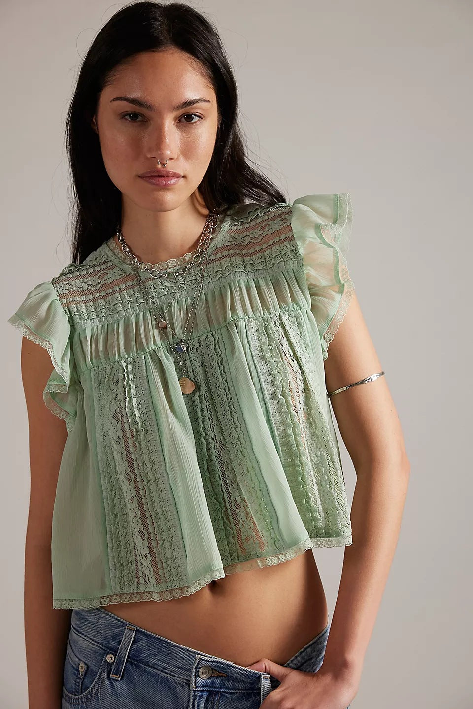 Damen Luftiges Spitzenoberteil mit Rüschendetails Echo Archiv