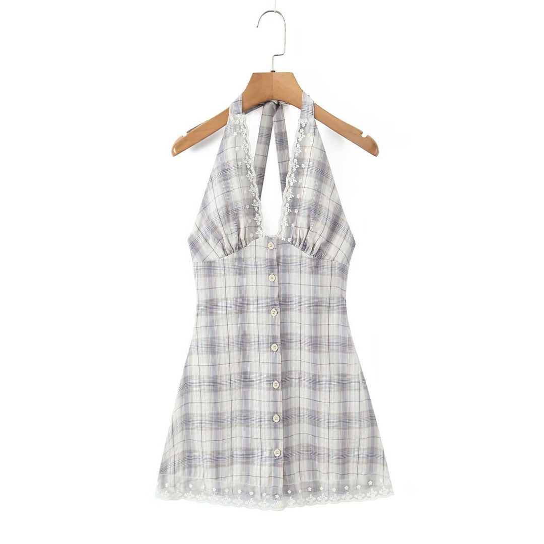Damen Halterkleid mit floralem Spitzenbesatz und Knopfleiste Echo Archiv