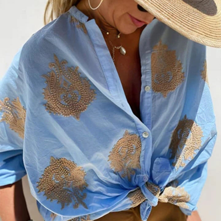 Damen Boho Leinen Bluse mit Perlenstickerei und Knotenband Echoarchiv