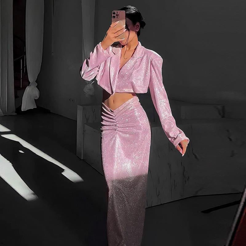 Damen Glitzerndes Crop-Oberteil und Wickelrock Set Echo Archiv