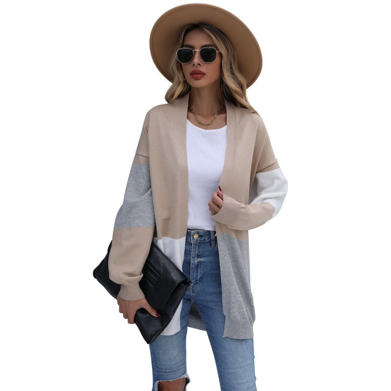Damen Langer Colorblock-Feinstrickcardigan mit offener Front und überschnittener Schulter – Veloura