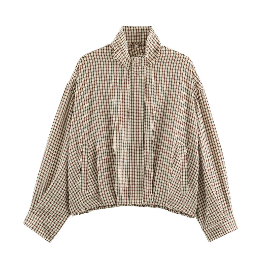 Damen Karo-Übergangsjacke im Oversize-Cropped-Schnitt mit hohem Stehkragen Echo Archiv