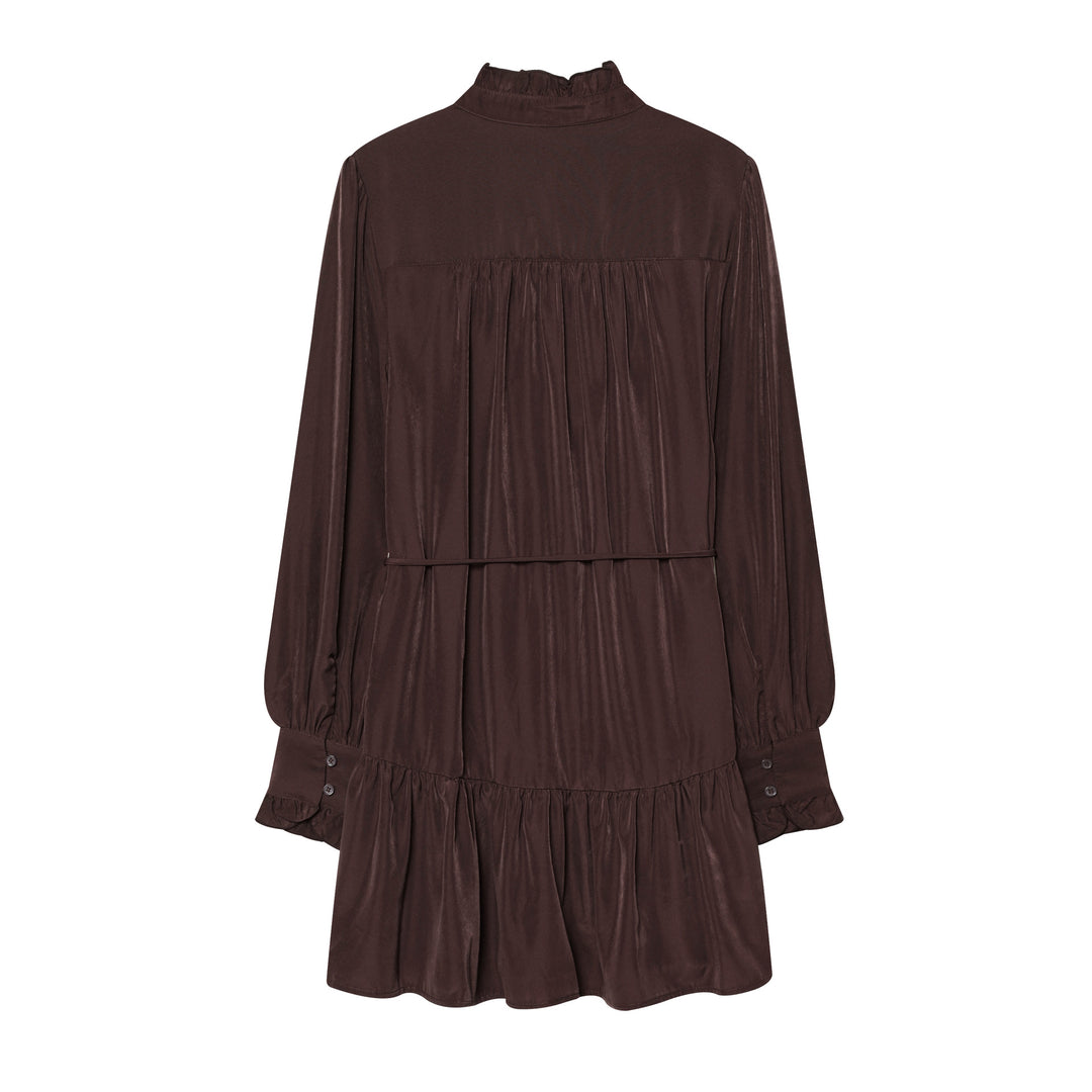 Damen gepunktetes Midikleid mit Rüschenblende, Taillenzug und stufigem Volantrock – Élara