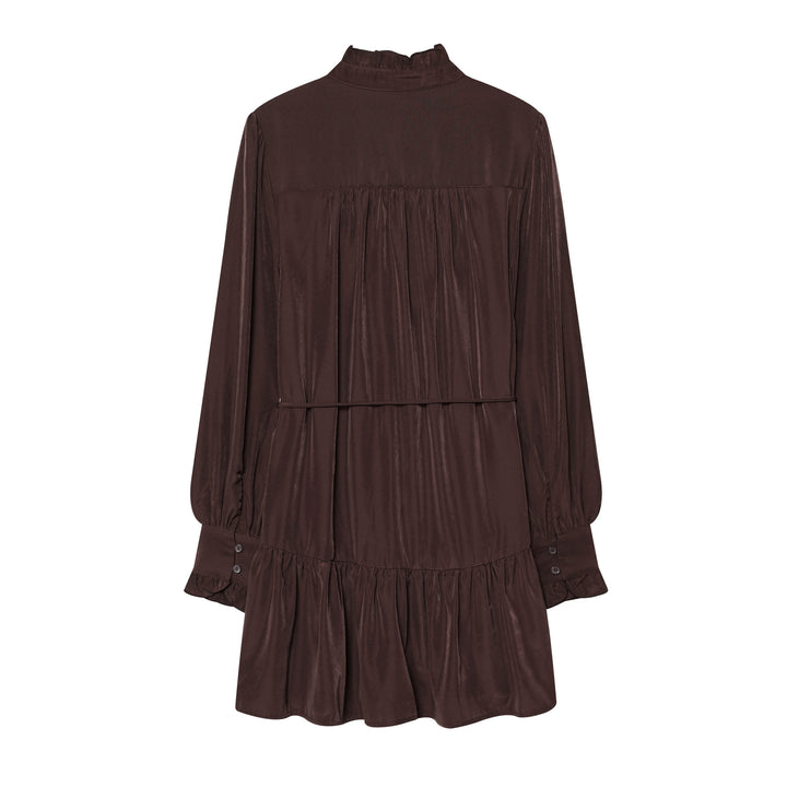 Damen gepunktetes Midikleid mit Rüschenblende, Taillenzug und stufigem Volantrock – Élara