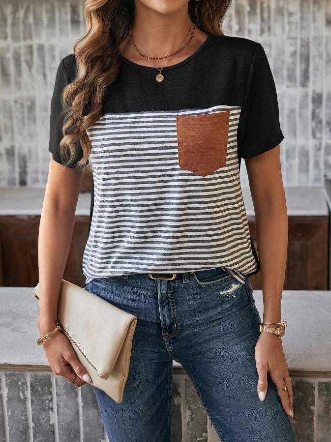 Damen Trendiges T-Shirt mit gestreiftem Design und Leder-Tasche Echo Archiv