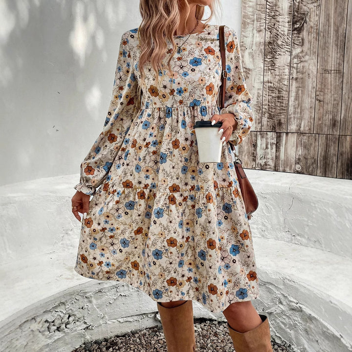 Damen Geblümtes Stufenmidikleid mit Rundhalsausschnitt, geraffter Taillenpartie und Ballonärmeln – Avérine