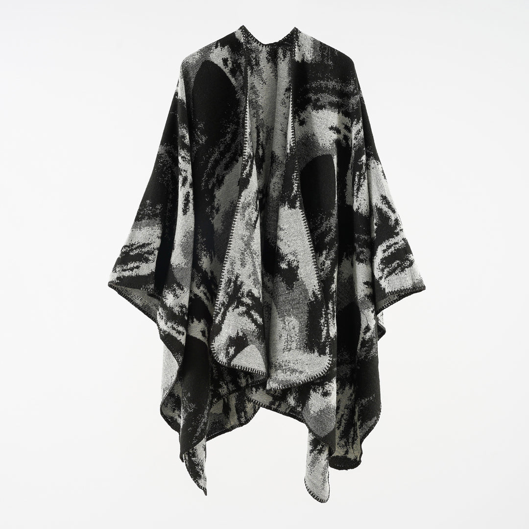 Damen Oversize-Jacquard-Umhang aus Wollmix mit grafischem Aquarellmuster und Kettelkante – Célinea