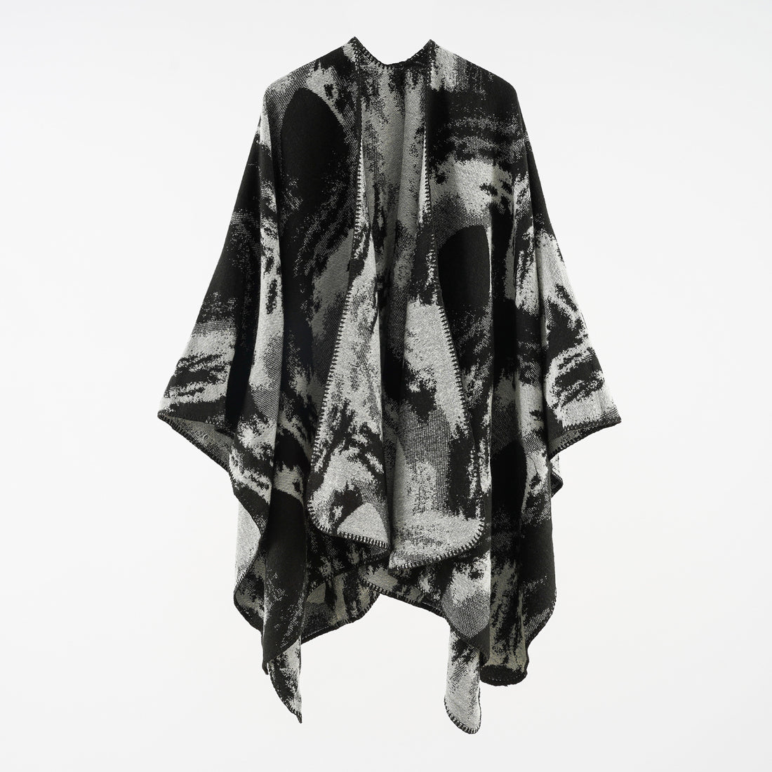Damen Oversize-Jacquard-Umhang aus Wollmix mit grafischem Aquarellmuster und Kettelkante – Célinea