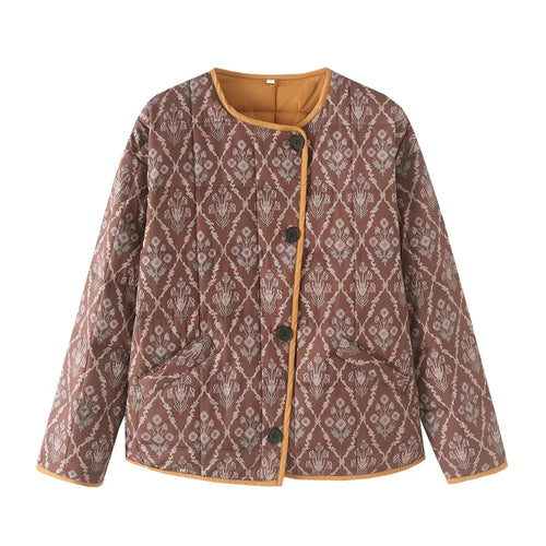 Damen leichte gesteppte Jacquard-Steppjacke mit Rundhalsausschnitt, Kontrastpaspel und aufgesetzten Klappentaschen – Célinea