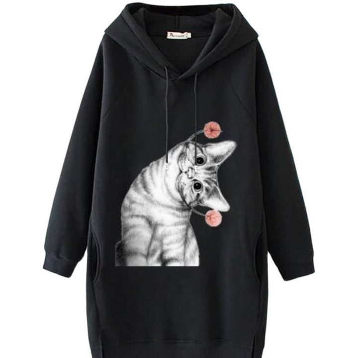 Damen Oversize Kapuzenkleid aus Sweat mit großem Katzenprint und Seitentaschen – Auréline
